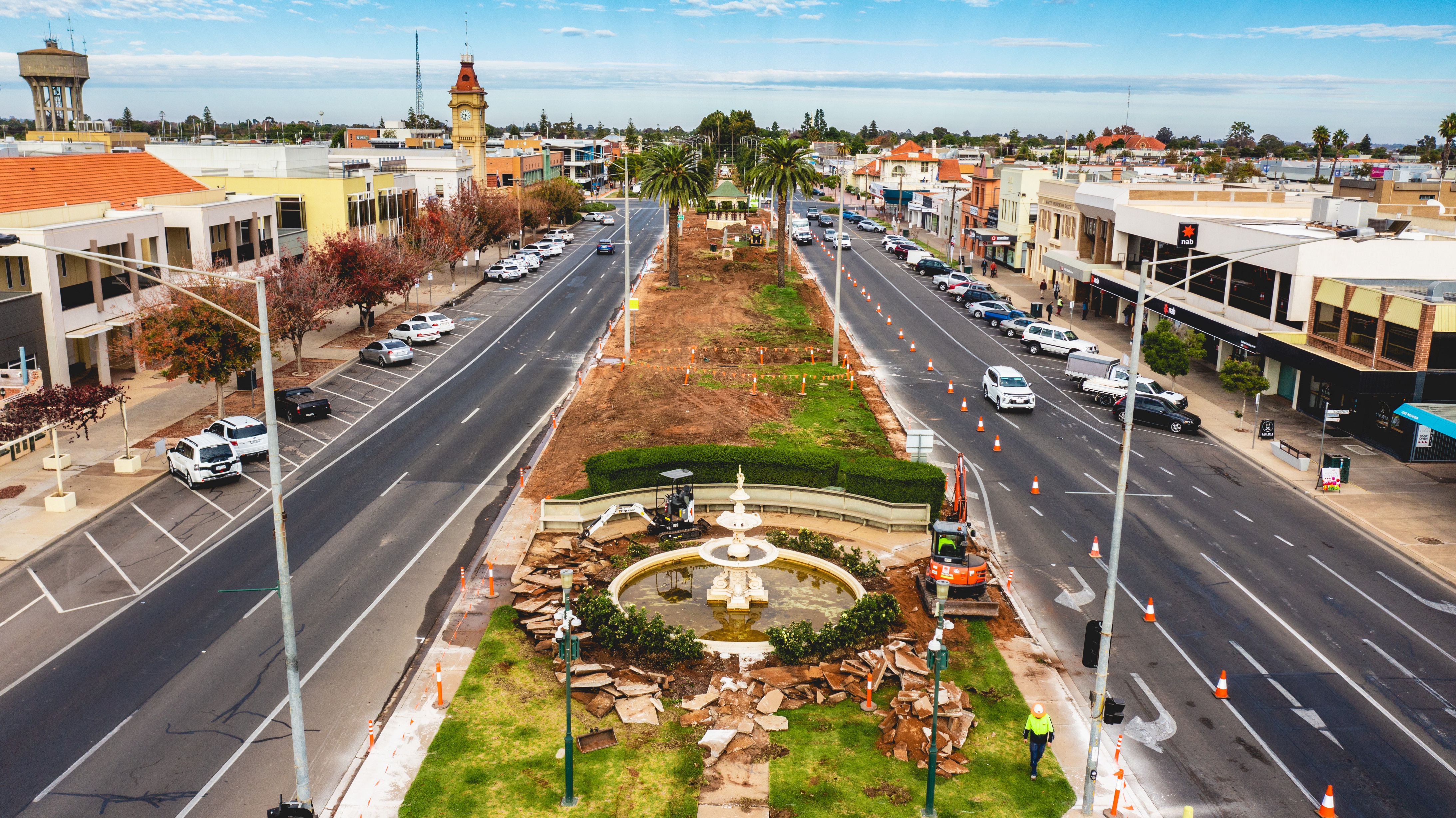 Early demolition work on Deakin Avenue centre median between Eighth and Ninth Streets Mildura, May 2021.